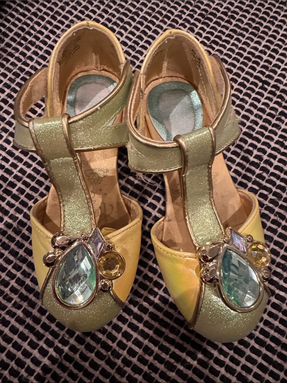 Disney Girls Yellow and Green Tiana Jewel T-Strap Dress Shoes